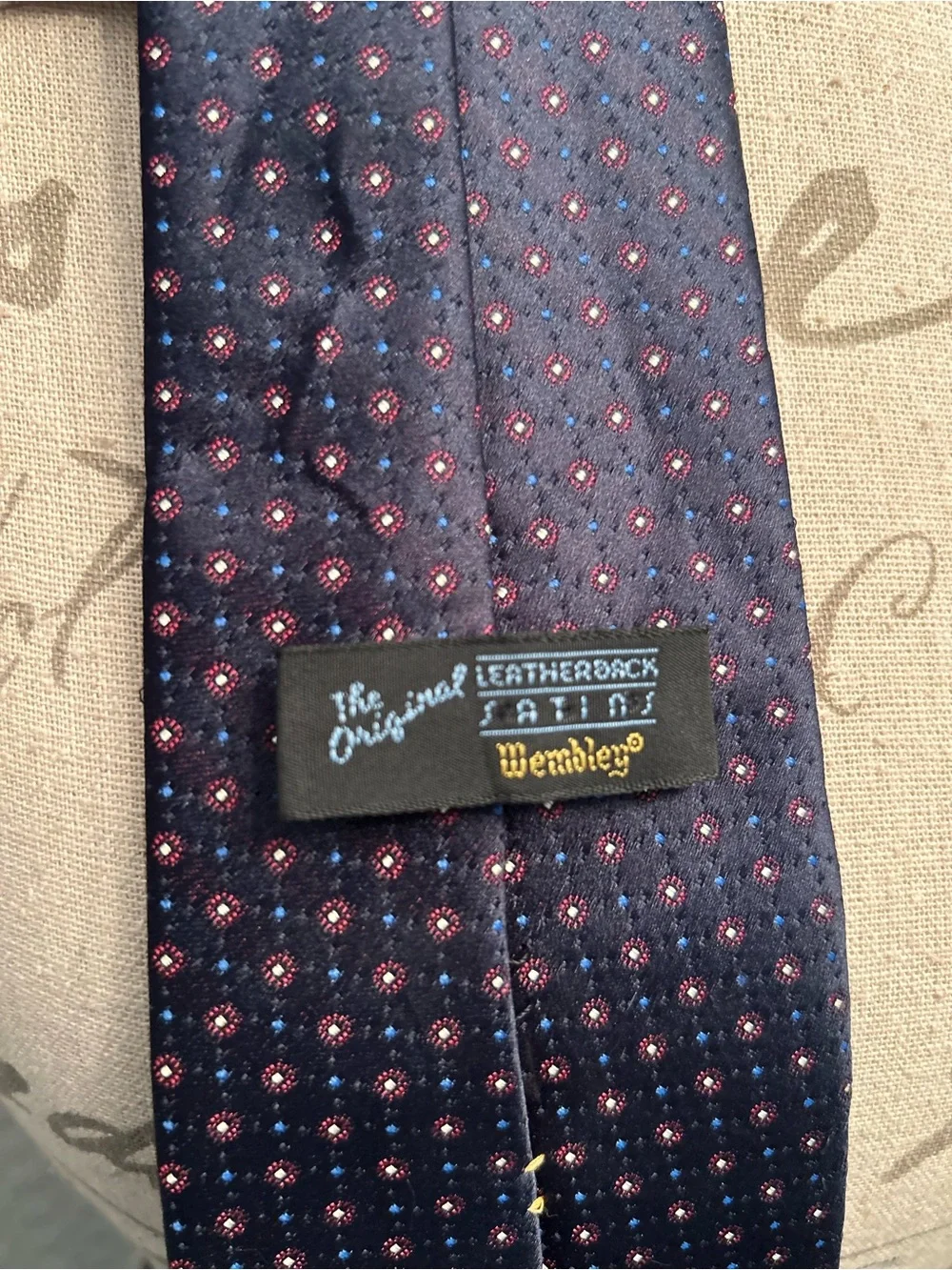 Wembley Vintage Navy Silk Tie with Small Red Polka Dots